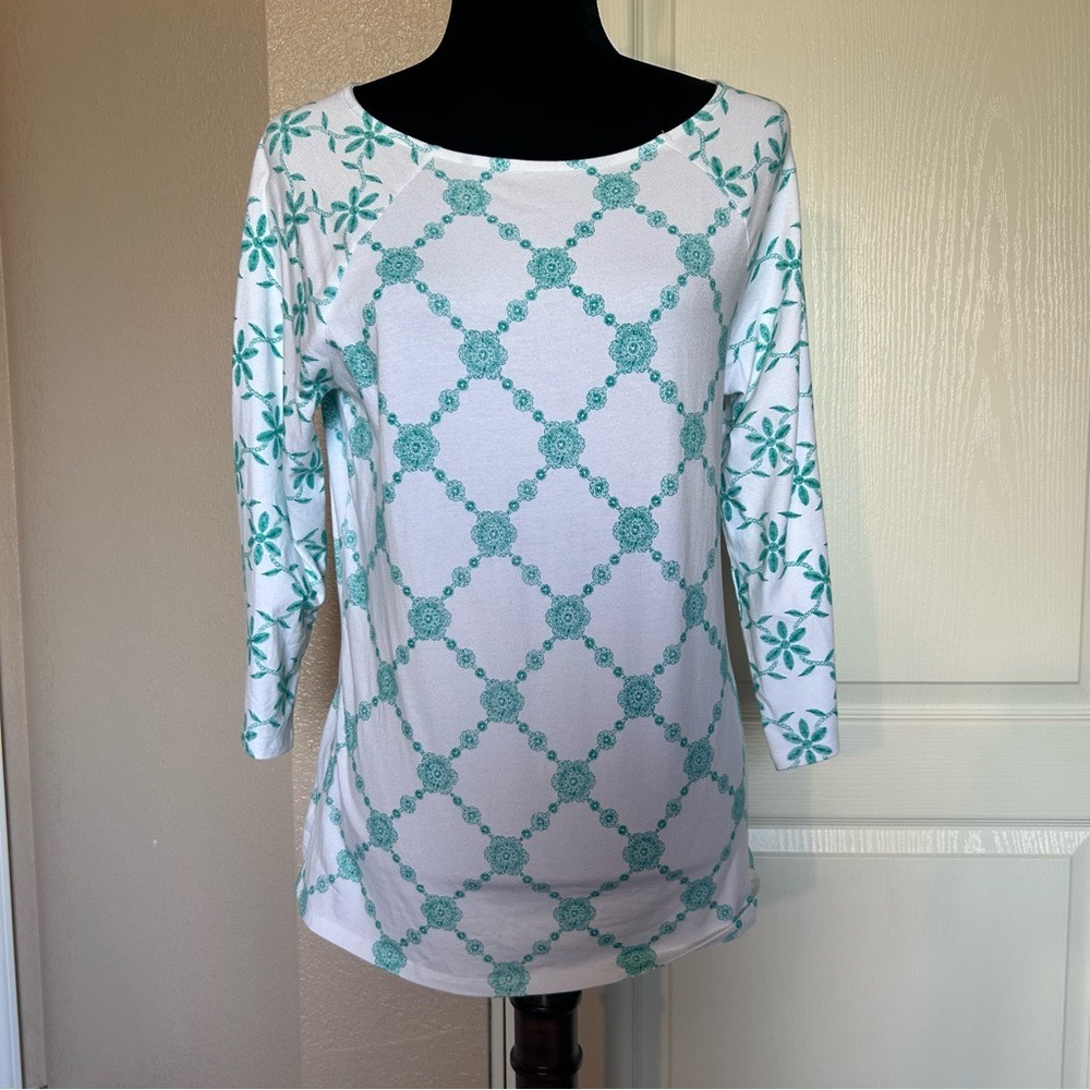 Denim and Co d&co QVC Green and White Jersey‎ Blouse Shirt Size Small